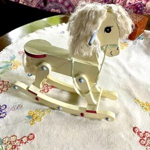 Wooden Rocking Horse Folk Art. White. Handpainted. 10" x 10"